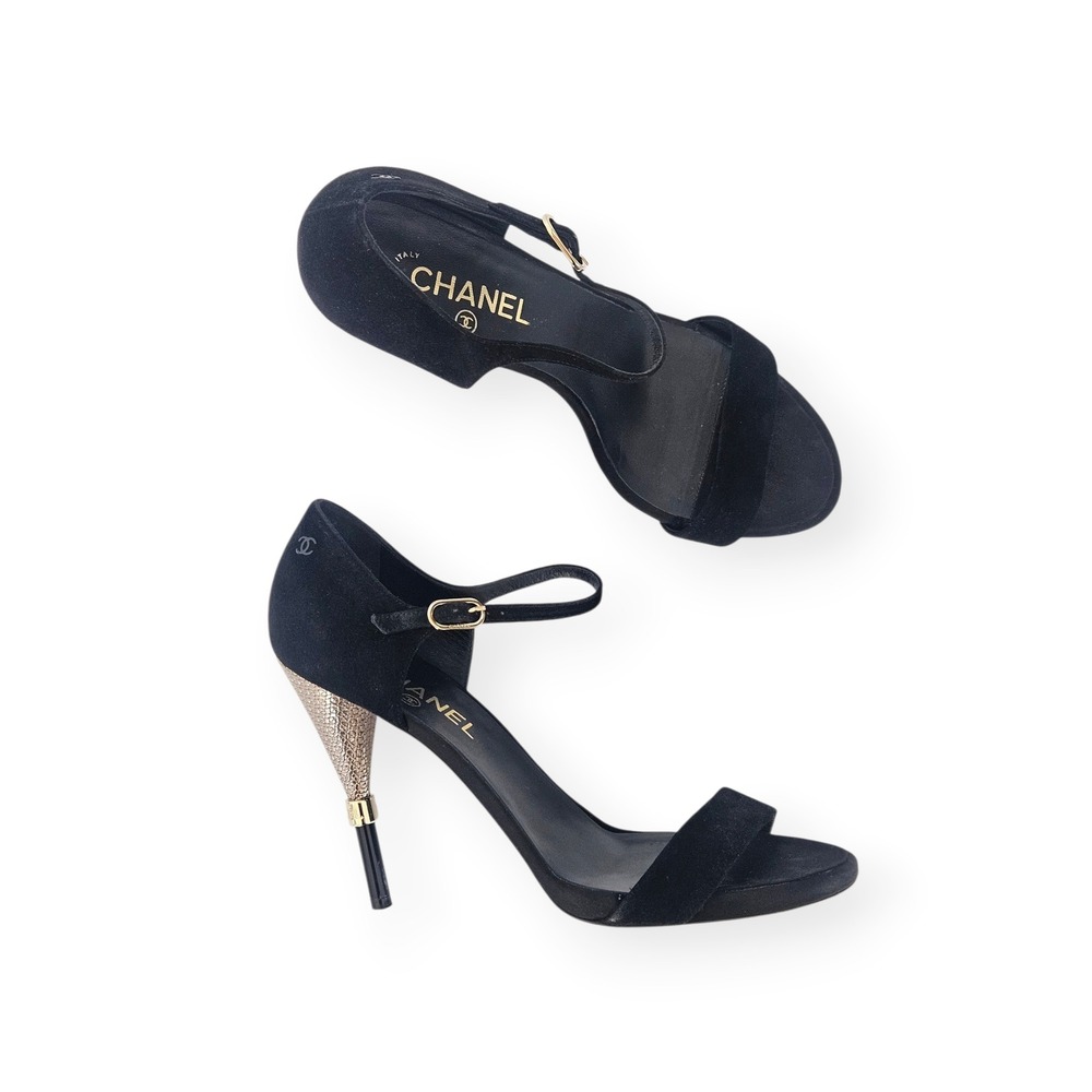 Chanel 2016 Black Suede Satin Gold CC Logo High Heels Sandals Shoes Strappy 41.5